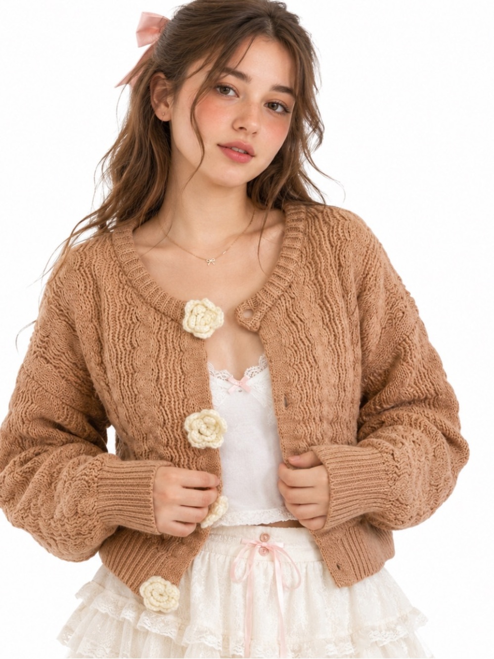 Hazel Moon Peach Color Sweater with Cream 3D Flower Accents Cardigan